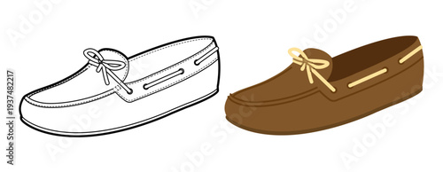 Brown boat loafer shoe women flat plus line set. Lace detail casual deck footwear for lifestyle magazine graphic project. Technical fashion illustration CAD mockup mixed vector man isolated style.