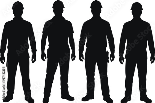 Construction worker silhouettes set, builders standing front view, industrial labor workforce, construction industry workers collection