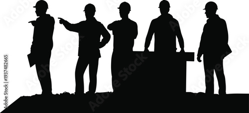 Construction worker team silhouettes pointing and discussing, builders at job site with helmets, industrial labor workforce illustration set