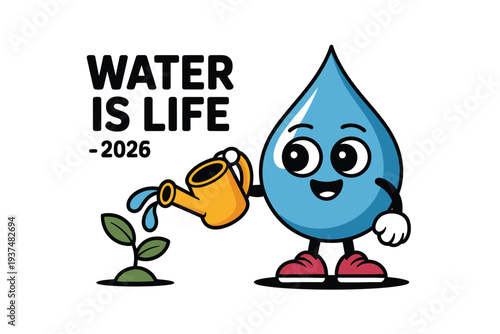 Cartoon water drop character watering plant with yellow can, promoting conservation and eco-friendly message