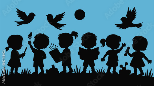 Children learning nature silhouettes