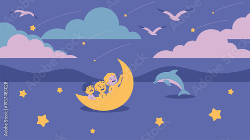 Children Moon Dolphin Night Sky