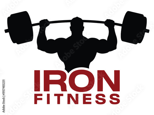 Iron Fitness Logo with Silhouette of Man Lifting Weights, Fitness Motivation and Gym Concept