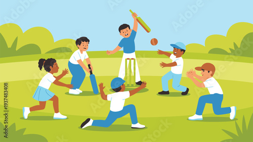 Children playing outdoor cricket game