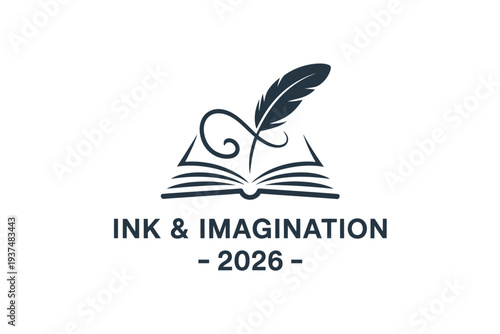 Ink and Imagination Logo Design with Open Book and Feather Quill Pen Symbol