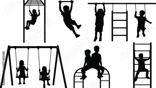 Children playground silhouette set, kids playing swings, climbing ladder, monkey bars, outdoor playground activities collection