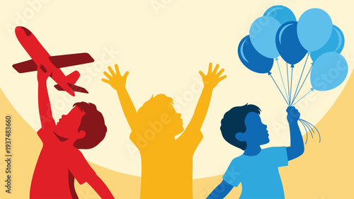 Children Silhouettes Plane Balloons Play