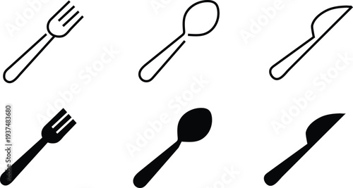 Set of six utensil icons including forks spoons and knives in black and white