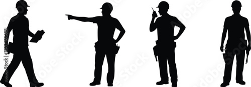 Construction worker silhouettes set, builder with tools, engineer pointing direction, industrial labor workers collection