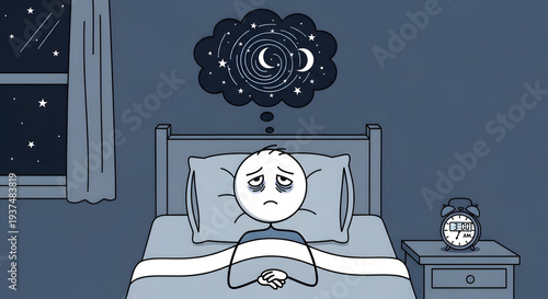 Wallpaper Mural Simple line drawing of a person wide awake in bed during the night Torontodigital.ca