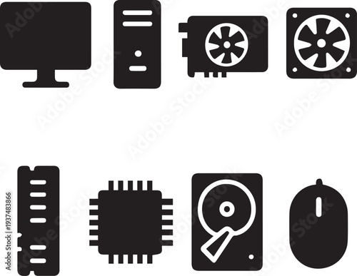 Computer hardware and electronic component icons set , Transparent background