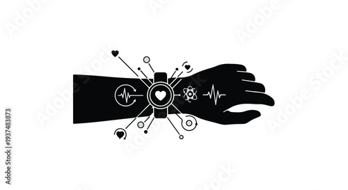 hand with smartwatch and health icons, wearable technology