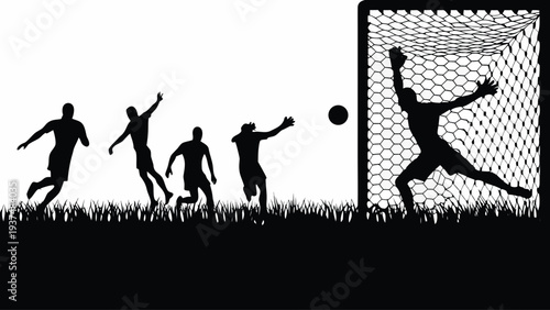 Soccer players scoring goal in action on field