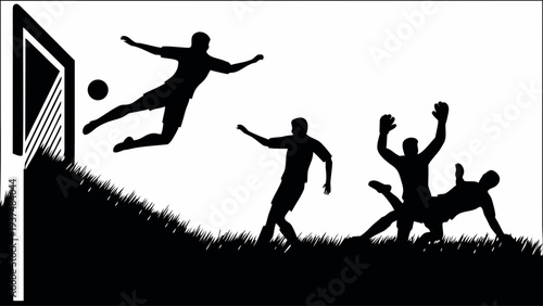 Silhouettes of soccer players in action on grassy field