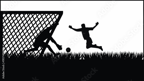 Silhouette of soccer player scoring goal against goalkeeper