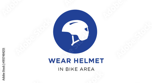 Close-up of a blue warning sign with a white bicycle helmet icon and text 'WEAR HELMET IN BIKE AREA' on a plain white background.