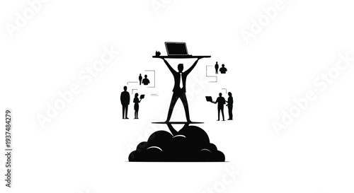 silhouette of person holding laptop on cloud with business people around