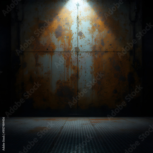 Rusty metal door with industrial floor