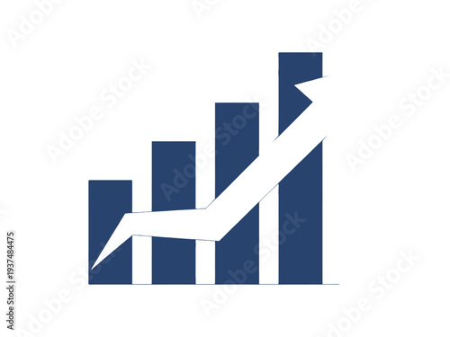Blue bar graph with upward trend arrow on white background showing growth and statistics