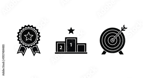 Success and achievement icons with award ribbon podium and target