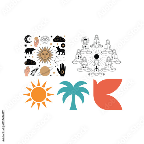 Esoteric Symbols Collection: Sun Moon Yoga Palm Tree Hands Astrology Icons