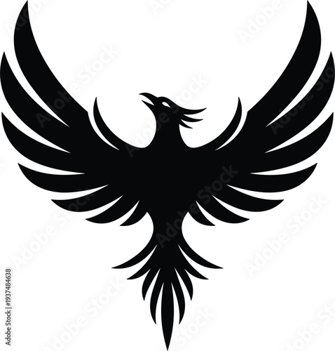 Powerful black phoenix bird silhouette with spread wings rising from the ashes representing rebirth strength and mythical power isolated on white background.