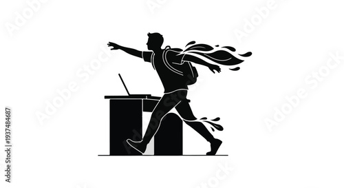 man running away from desk with papers flying