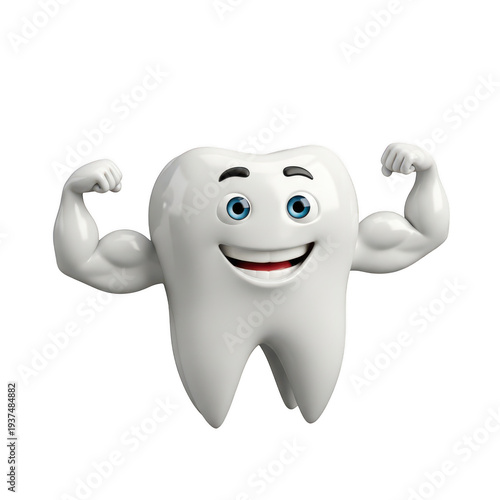 A cheerful cartoon tooth with muscular arms flexing, showcasing dental health and strength isolated on transparent background