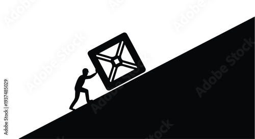 man pushing heavy star shape block up a steep hill