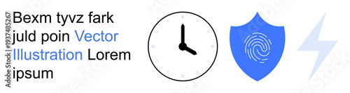 Time management, cybersecurity, identity validation, power, safety, and technology. Minimalist icons of a clock, shield with fingerprint and lightning bolt. Time management and cybersecurity