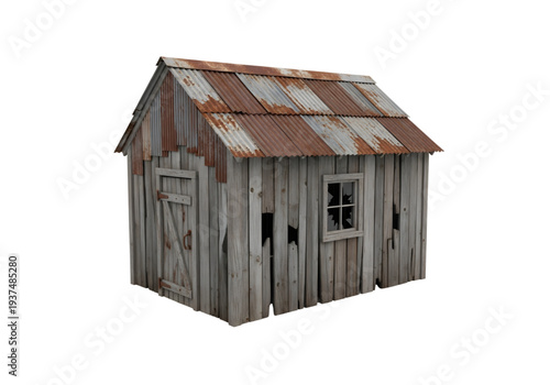 Old wooden shack with rusty metal roof png on transparent background