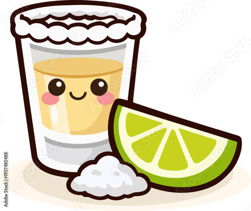 Kawaii-style tequila shot with a salted rim and lime wedge. The cheerful face adds a playful touch. Perfect for beverage marketing, social media posts, and fun drink-themed graphics.