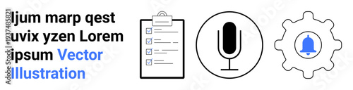 Task management, communication, notifications, productivity tools, content creation, workflow. Icons include a checklist on a clipboard, a microphone and a gear with a notification bell. Task
