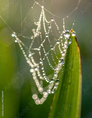 Wallpaper Mural Spiderweb with Dew Drops on Green Leaf. Torontodigital.ca