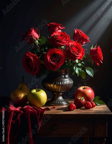 Wallpaper Mural Still Life with Vibrant Red Roses, Apples, Pears, and Pomegranates in a Classic Vase Bathed in Dramatic Light. Torontodigital.ca