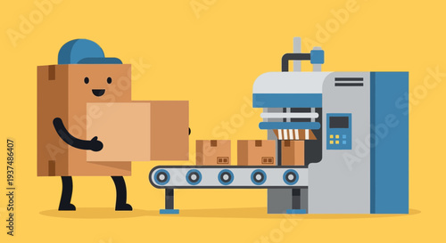 Animated character carrying boxes towards automated packaging machine on a conveyor belt