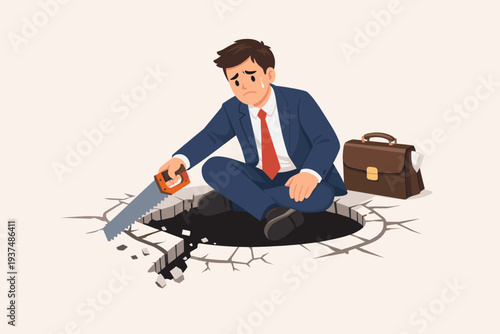 Businessman in a Suit Sitting on the Floor and Sawing a Circle Around Himself, a Metaphor for Making a Bad Decision, Self-Defeating Actions, Stupidity, and Making a Bad Situation Even Worse