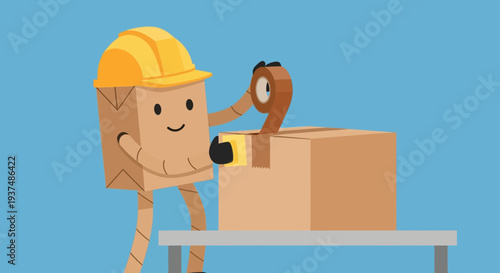 Cartoon character in hard hat sealing a cardboard box with tape on a table