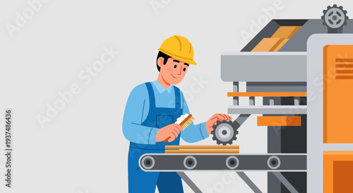 Industrial worker in hard hat cleaning machinery on conveyor belt with brush