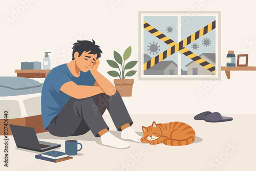 Sad Man Feeling Exhausted from Pandemic Fatigue and Social Isolation During COVID-19 Lockdown, Depressed Person Sitting on Floor at Home with Cat, Mental Health and Quarantine Stress Concept.