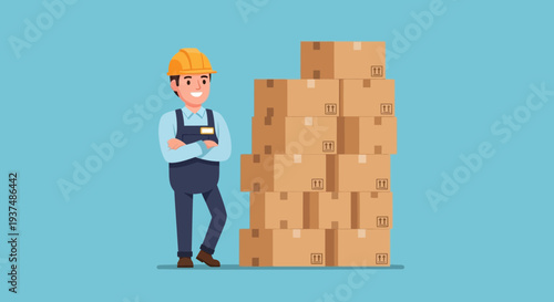 Happy warehouse worker standing with arms crossed beside a large stack of shipping boxes