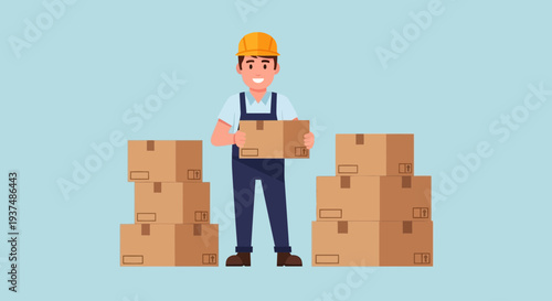 Smiling mover in hardhat carrying a cardboard box with stacks of packages