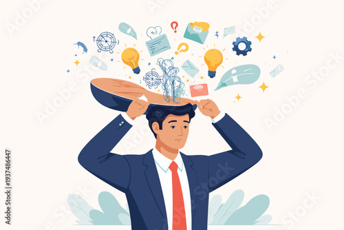 Businessman opening his head to declutter his mind and clear chaotic thoughts for better focus, creative thinking, and mental health. Illustration of brain organization, memory, and stress relief.