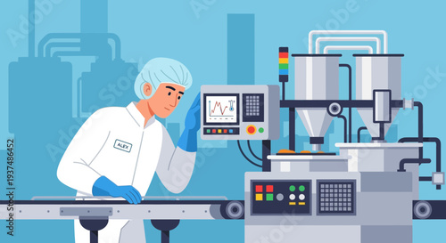 Scientist in cleanroom observing production machine display with graph data in a modern factory