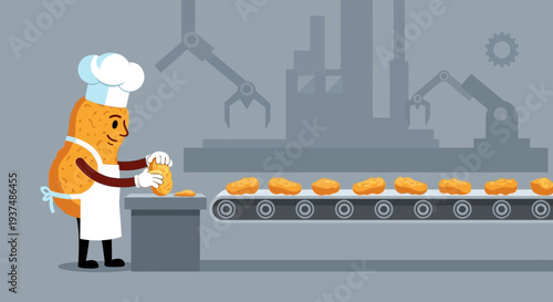 Animated chef oversees food production on a factory conveyor belt with robotic arms