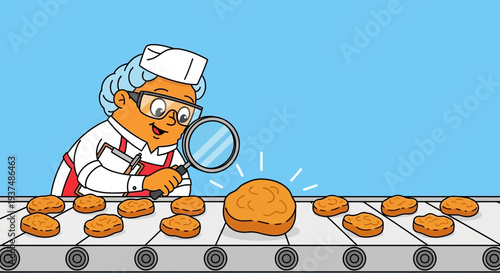 Cartoon Food Worker Inspects Chicken Nuggets on a Conveyor Belt with Magnifying Glass