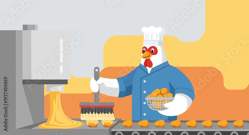 Chef Chicken Prepares Food on Production Line