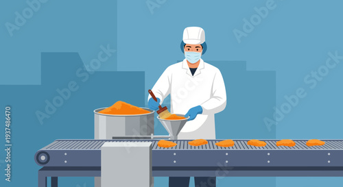 Food production worker in a clean factory applying coating to food items on a conveyor belt