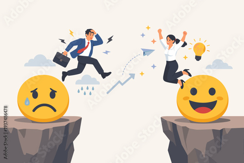 Business People Transitioning from Stress to Success, Employee Wellbeing and Emotional Intelligence Concept with Sad and Happy Emojis, Positive Attitude for Career Growth and Mental Health.