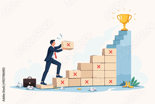 Ambitious Businessman Stacking Boxes of Failed Attempts to Build a Path Toward a Golden Trophy, Concept of Success Through Perseverance, Overcoming Obstacles, and Learning from Past Mistakes.